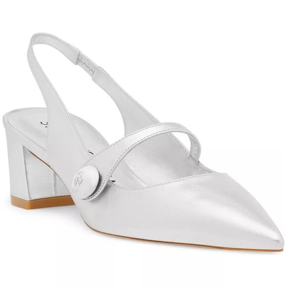 $500 Stuart Weitzman Pointed Toe Slingback Pump SILVER BLOCK MARY JANE 6 (DB31)